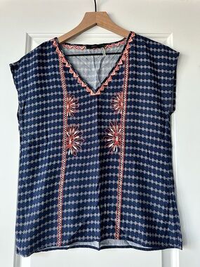 THML Navy V-Neck Embroidered Tunic with Coral Accents